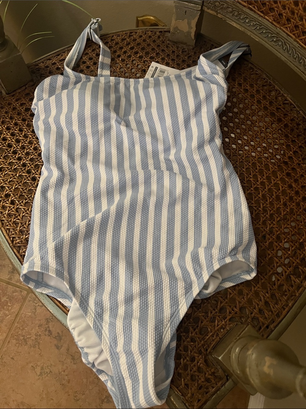 Time and Tru Blue and White Striped One-Piece Swimsuit